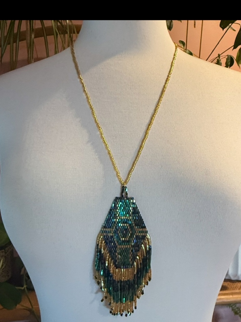 Coco Rose Peyote Handmade Beaded Fringe Necklace - Gold & Teal NWOT